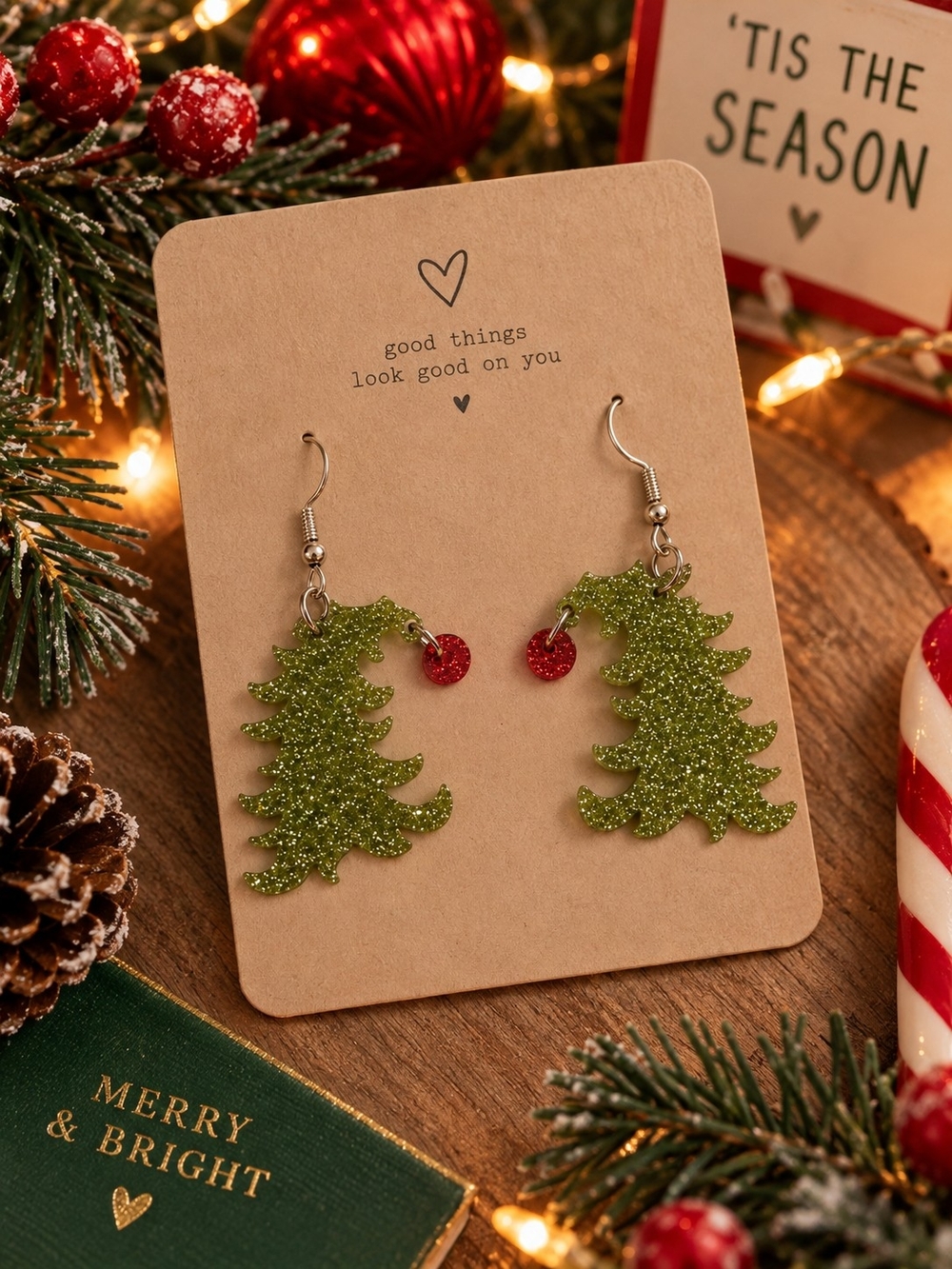 Festive Green Glitter Christmas Tree Earrings Grinch New